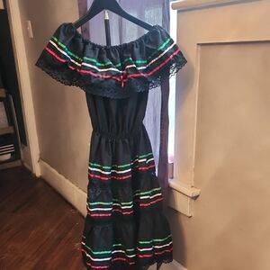 Black Off-Shoulder Tiered Mexican-Style Dress with Red White & Green Trim